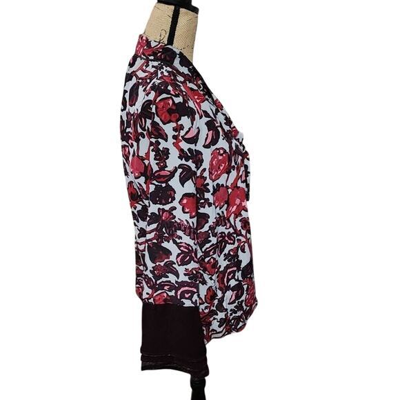 Donna Karan New York Silk Floral Tie Neck Beaded Blouse Red Burgundy Small - Picture 3 of 8